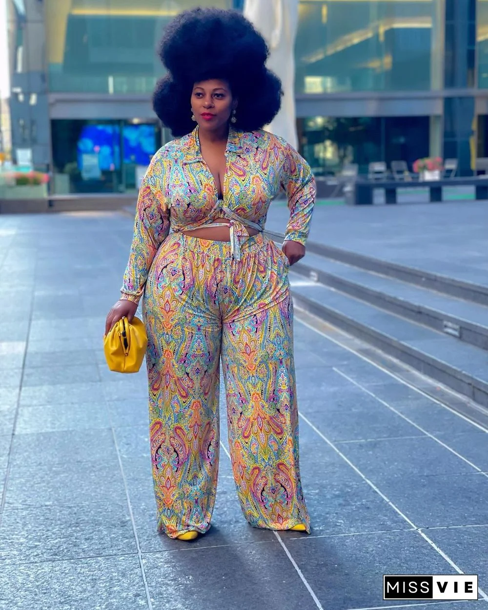 Printed Bandage Crop Top Wide Leg Pants Set