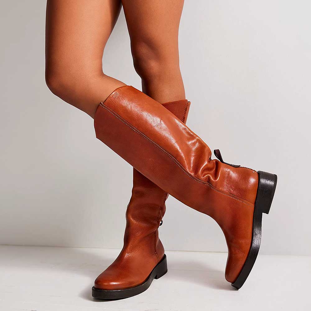 Tan Vegan Leather Round Toe Knee High Boots for Women with Chunky Heel Nicepairs