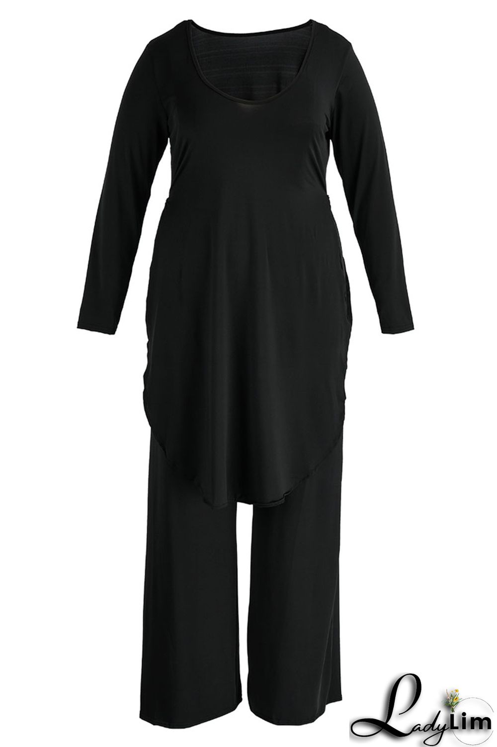 Black Casual Solid Patchwork Slit O Neck Plus Size Two Pieces