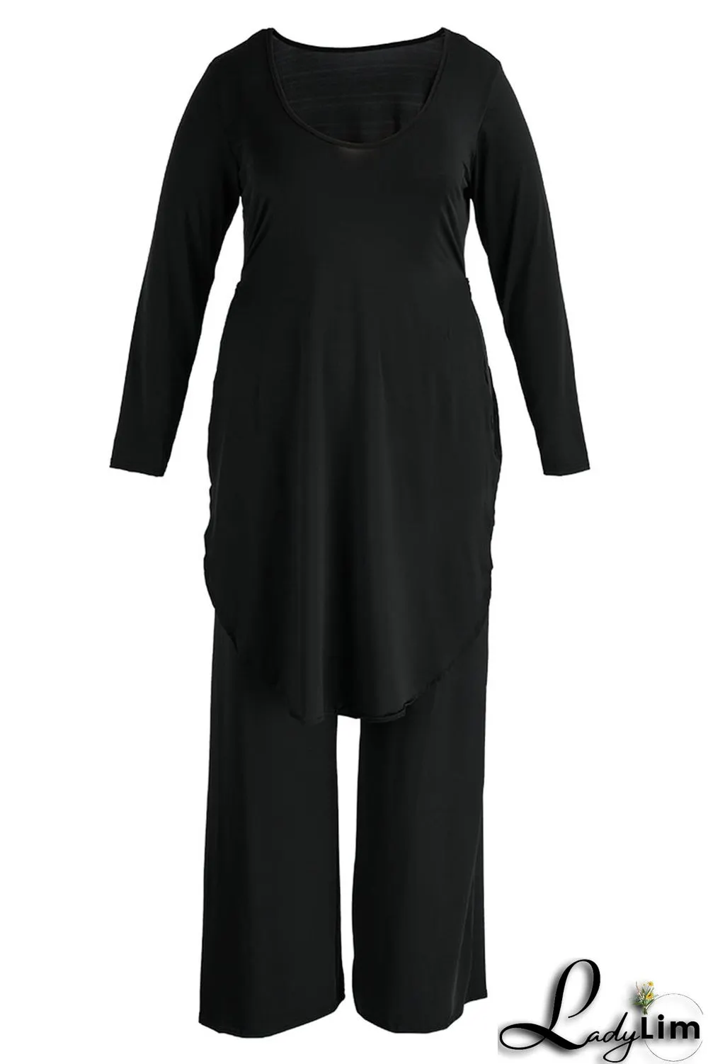 Black Casual Solid Patchwork Slit O Neck Plus Size Two Pieces