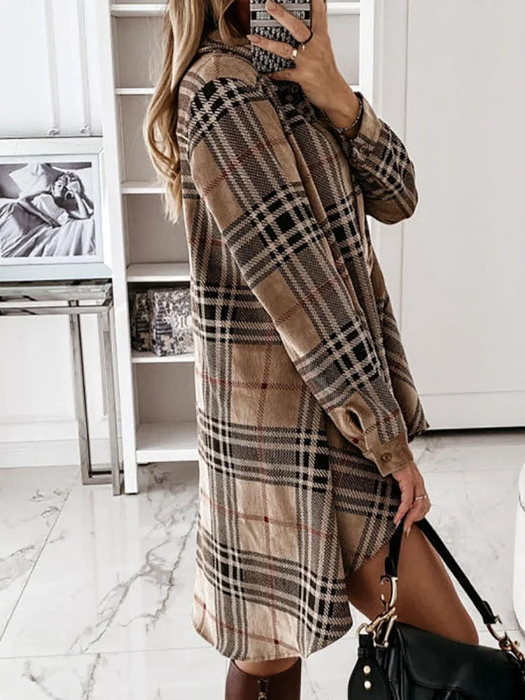 Women Elegant Plaid Print Buttons Irregular Party Dress Office Lady Turn-Down Collar Shirt Dress Casual Loose Mini Dress Vestido