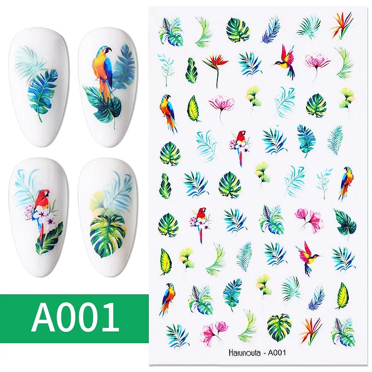 Harunouta Green Theme Leaves Flower 3D Nail Sticker Cute Birds Line Transfer Sliders Decals For Nails DIY Design Decoration