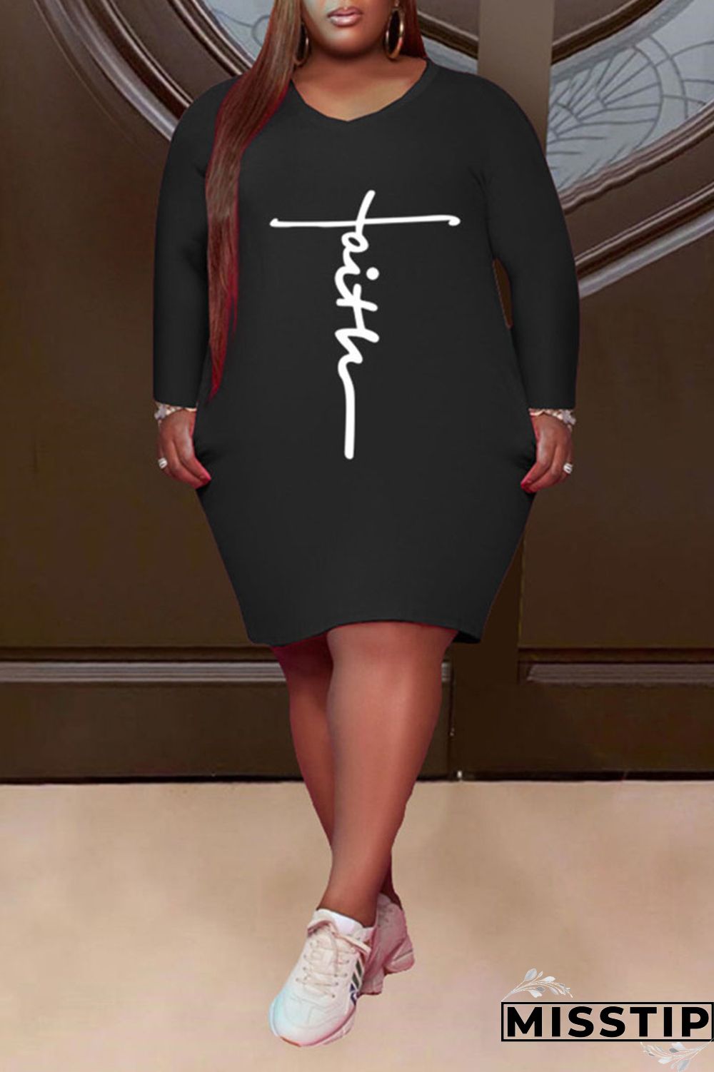 Pink Casual Print Patchwork V Neck Straight Plus Size Dresses