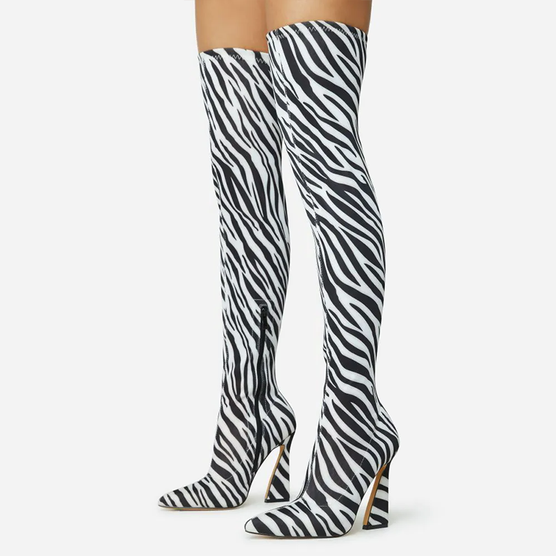 Women's Black & White Zebra Print Flared Heel Thigh-High Boots Nicepairs