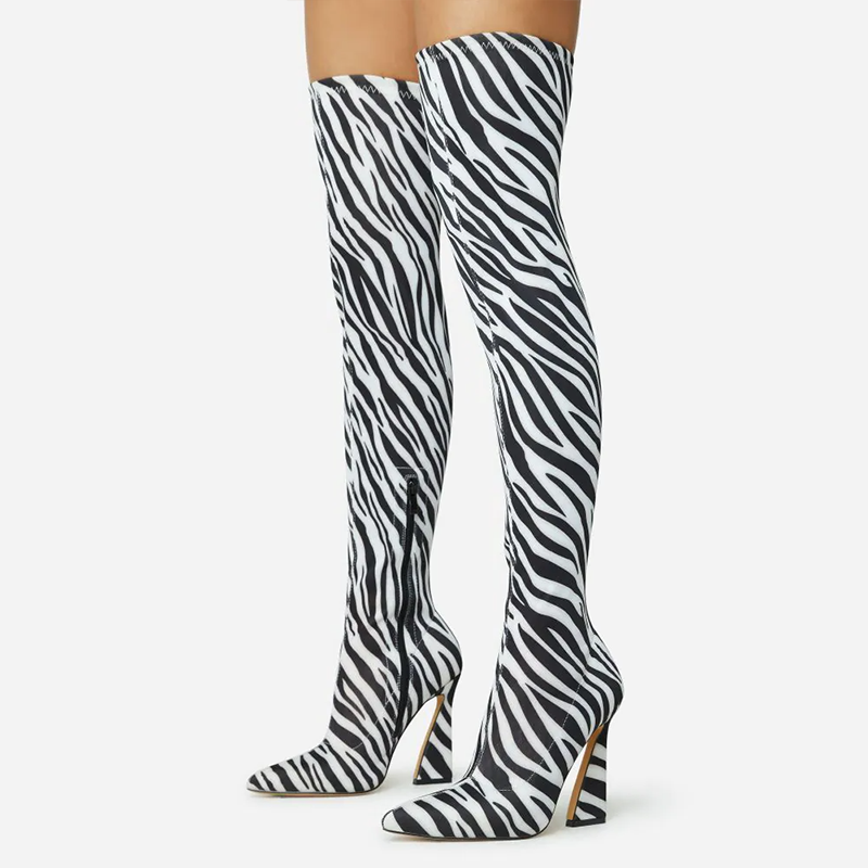 Elegant Pointy Zebra Boots Women's Stiletto Heels Vintage Thigh Boot Nicepairs