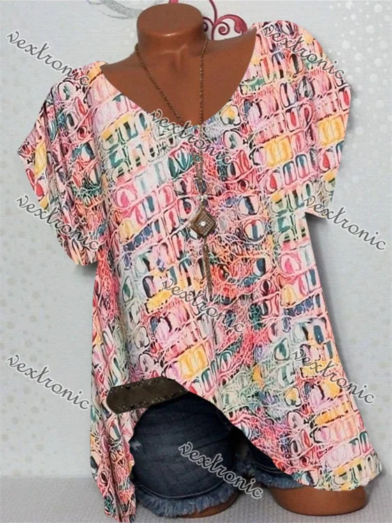 Women's Colorful Scoop Neck Short Sleeve Plaid Graphic Tops