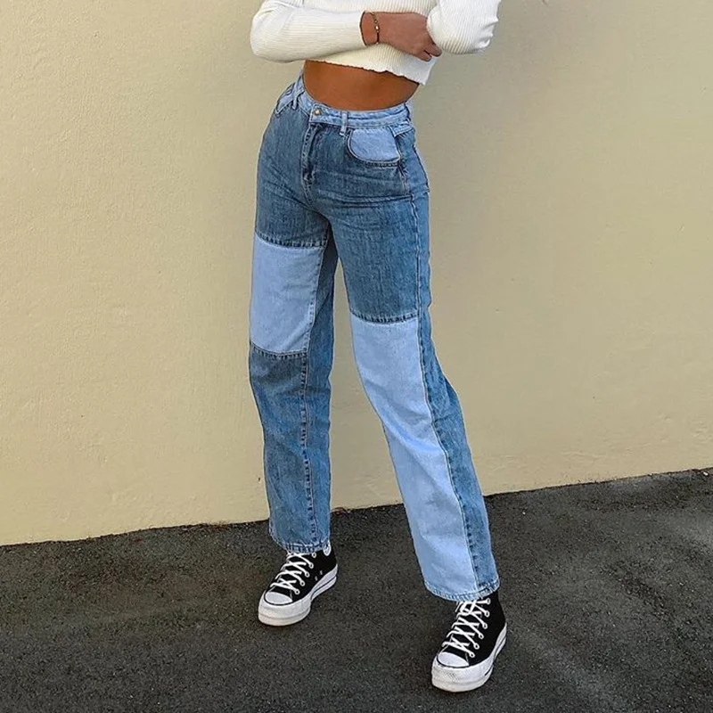 Trendy high-waist color-blocking pocket straight leg pants women-Allyzone-Allyzone