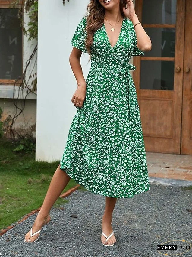 Casual Dress Wrap Dress A Line Dress Floral Ditsy Floral Lace up Split V Neck Midi Dress Fashion Streetwear Outdoor Daily Short Sleeve Regular Fit Red Navy Blue Green Summer Spring S M L XL for Women