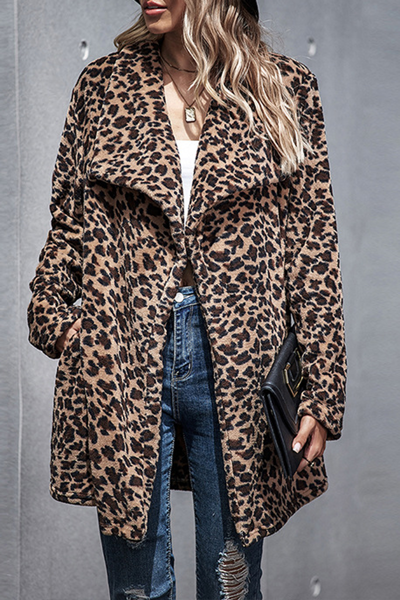 Leopard Wide Lapel Woolen Coat