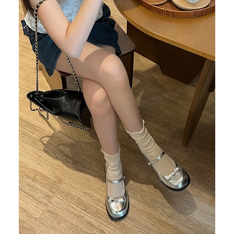 Brownm Brownm Ins Silver French Thick Heel Mary Jane Shoes Female 2023 New Summer Shallow Mouth With Skirt Round Head Single Shoes