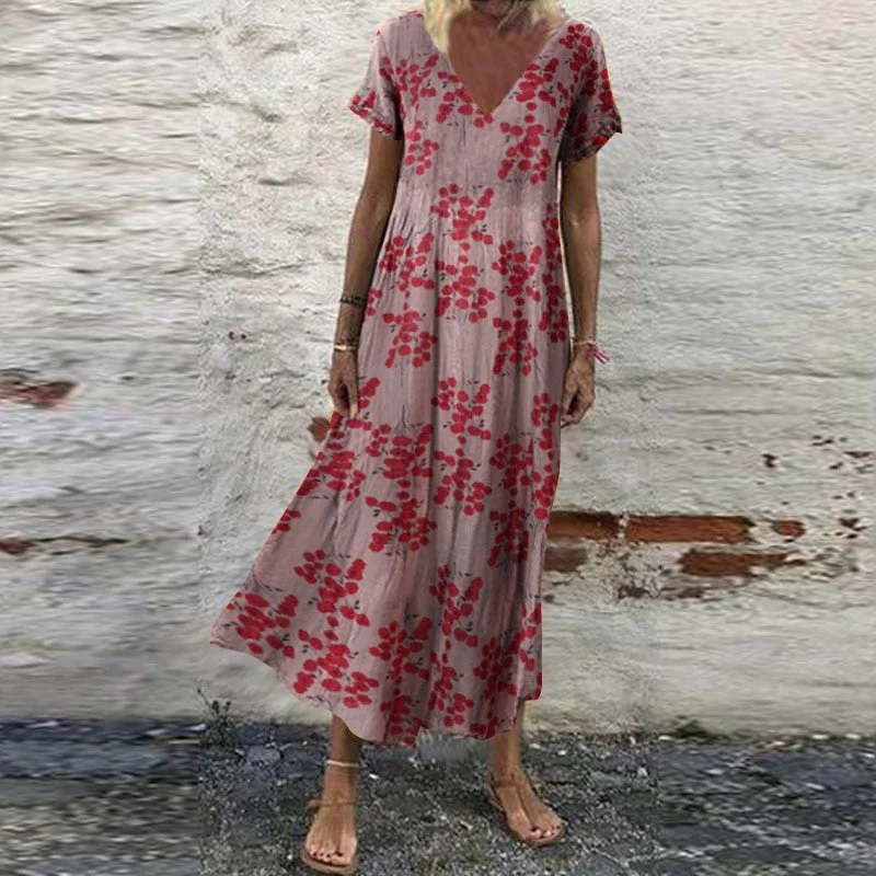 ZANZEA Summer Women Sundress Bohemian Floral Print Beach Maxi Dress Vintage V Neck Short Sleeve Oversized Dresses Kaftan Vestido