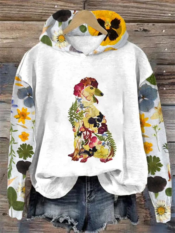 Women's Casual Floral Dog Raglan Sleeve Graphic Print Hoodie