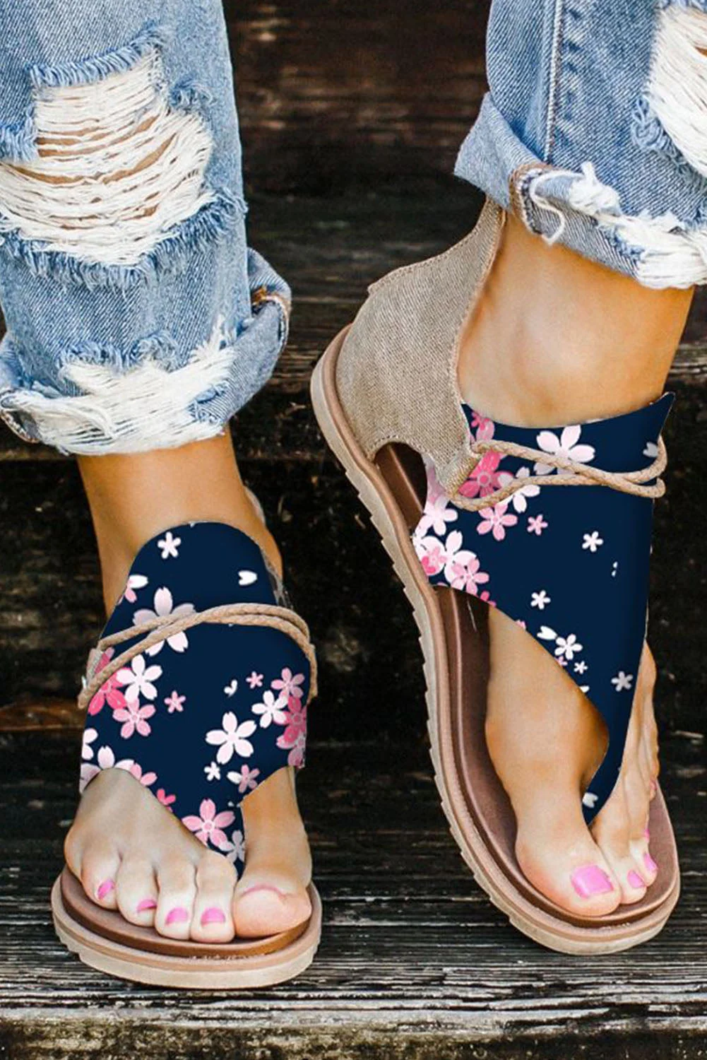 Cherry Blossoms Printed Zipper Flat Sandals