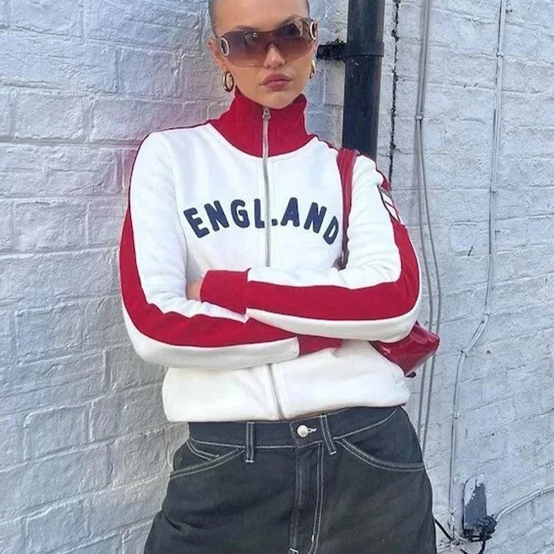 Toloer England Letter Print Zipper Tracksuit Jacket-Outfit Ideas