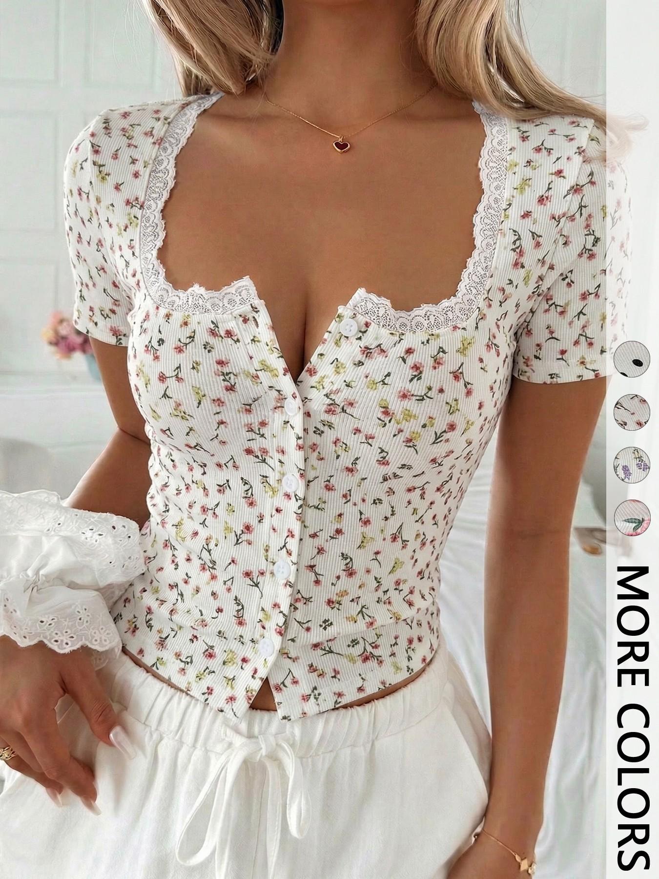 Sweetheart Neck Lace-Trim Short-Sleeve Floral Print Fitted Crop Top, Y2K Casual Aesthetic Cute Style for Daily Wear, Womenswear