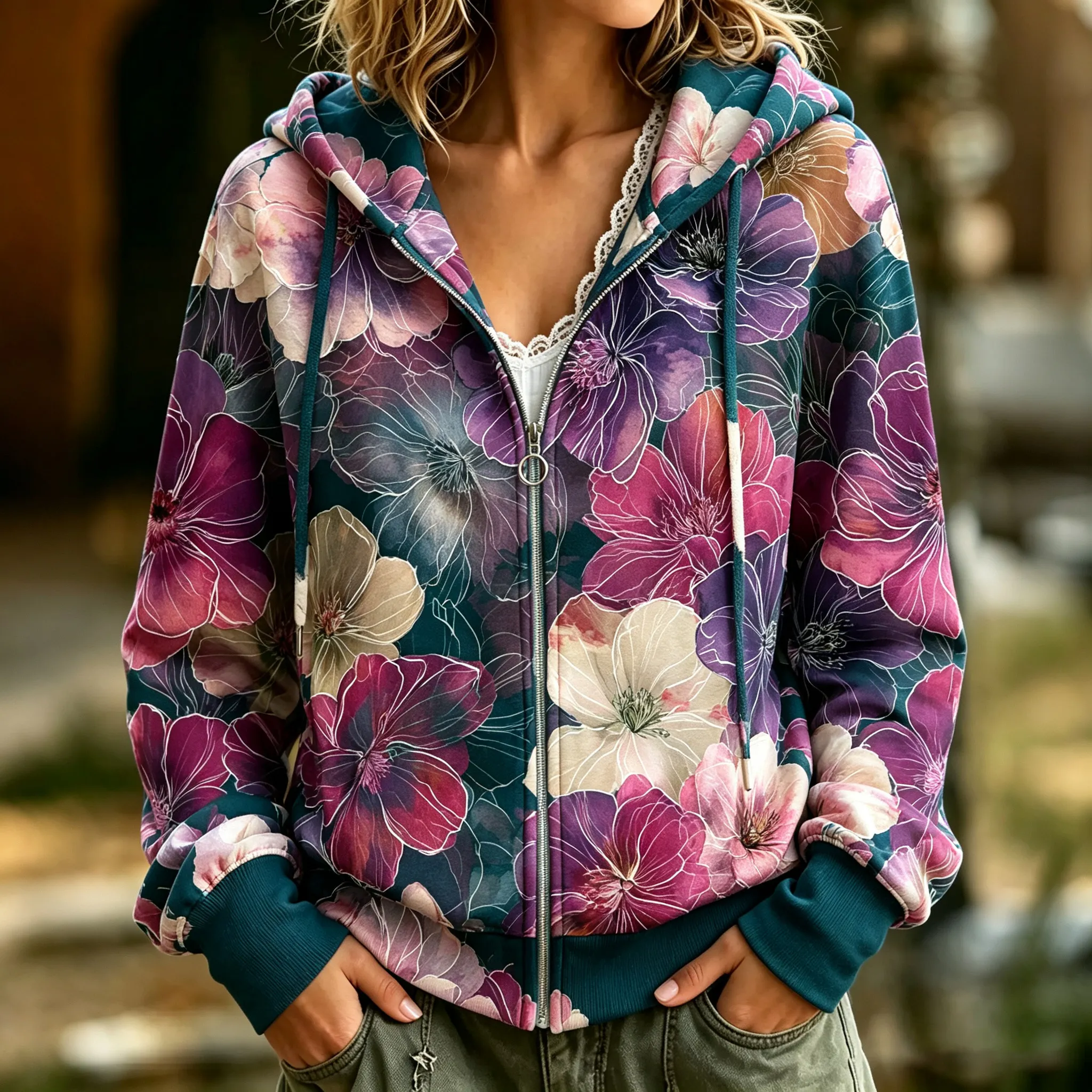 Comstylish Women's Retro Floral Art Print Zipper Hoodie
