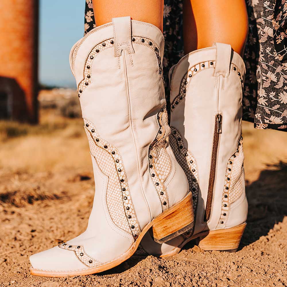Ivory Snake Embossed Snip Toe Chunky Heel Studded Zipper Cowgirl Boots Nicepairs
