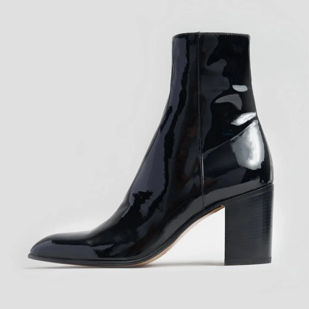 Black Patent Leather Almond&nbsp;Toe High Heel Short Boots for Women