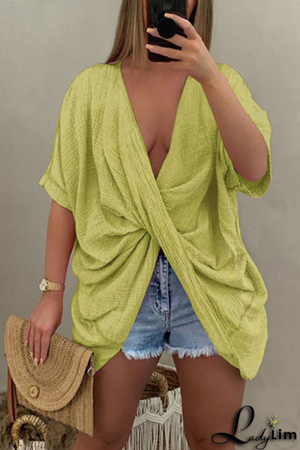 Pink Casual Solid Patchwork Asymmetrical V Neck T-Shirts