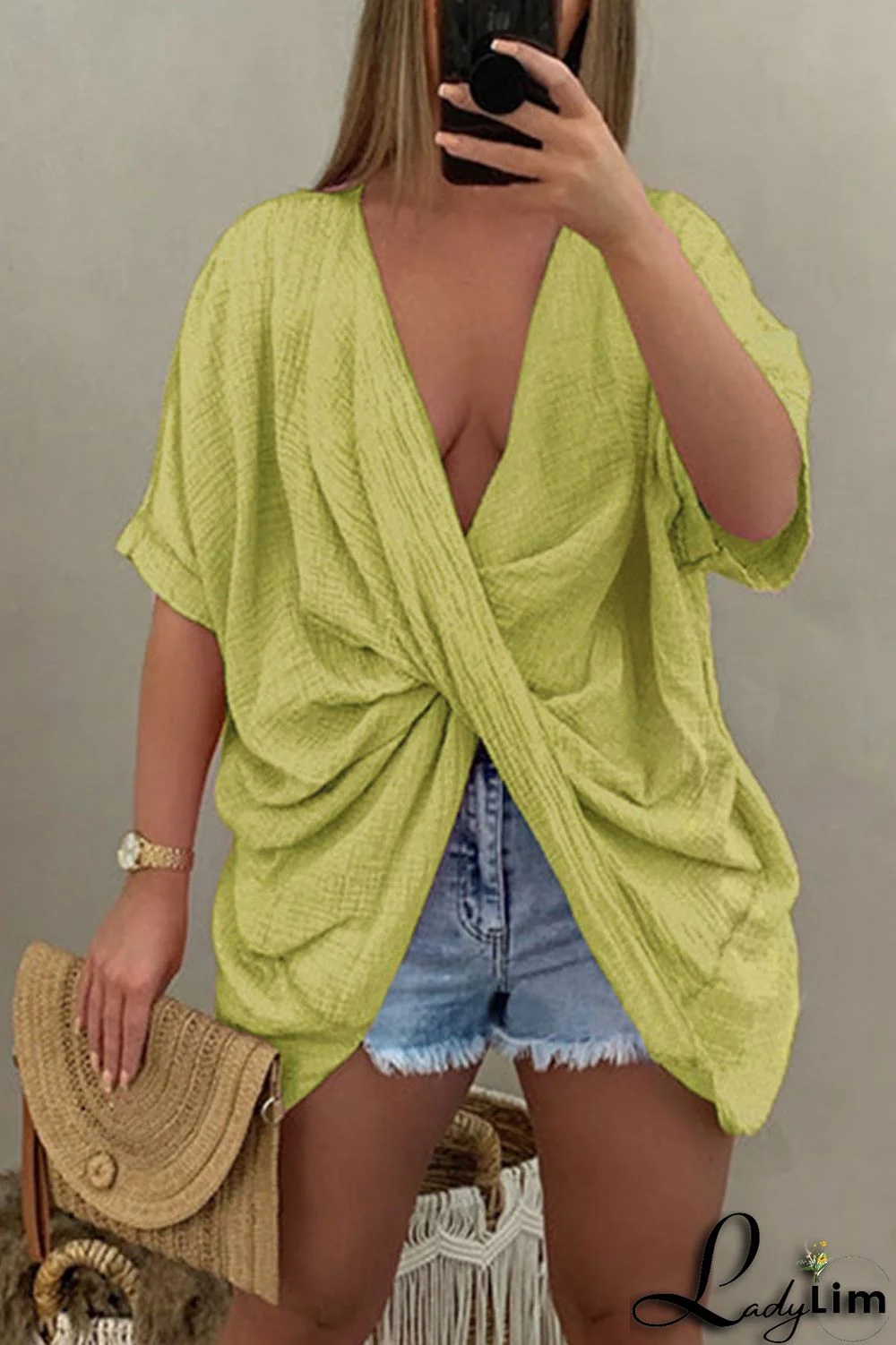 Pink Casual Solid Patchwork Asymmetrical V Neck T-Shirts