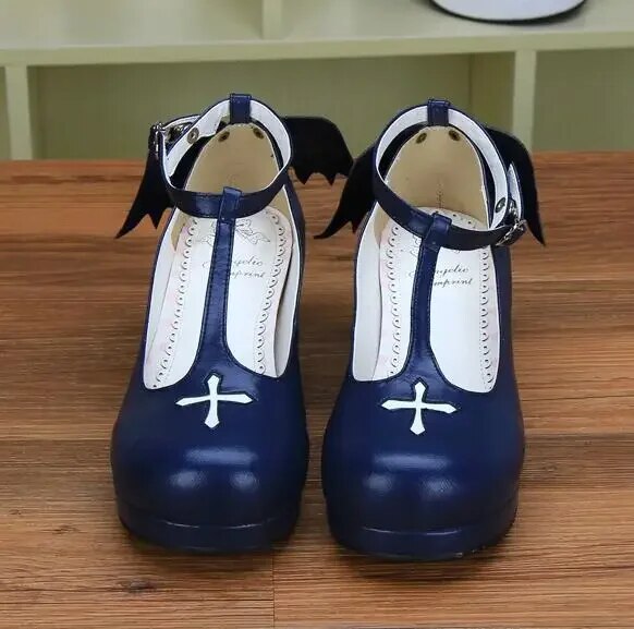 VCshoesWoman Mori Girl Lolita Cosplay Shoes Lady Mid Heels Pumps Women Princess Dress Party Shoes Angel Wings 44