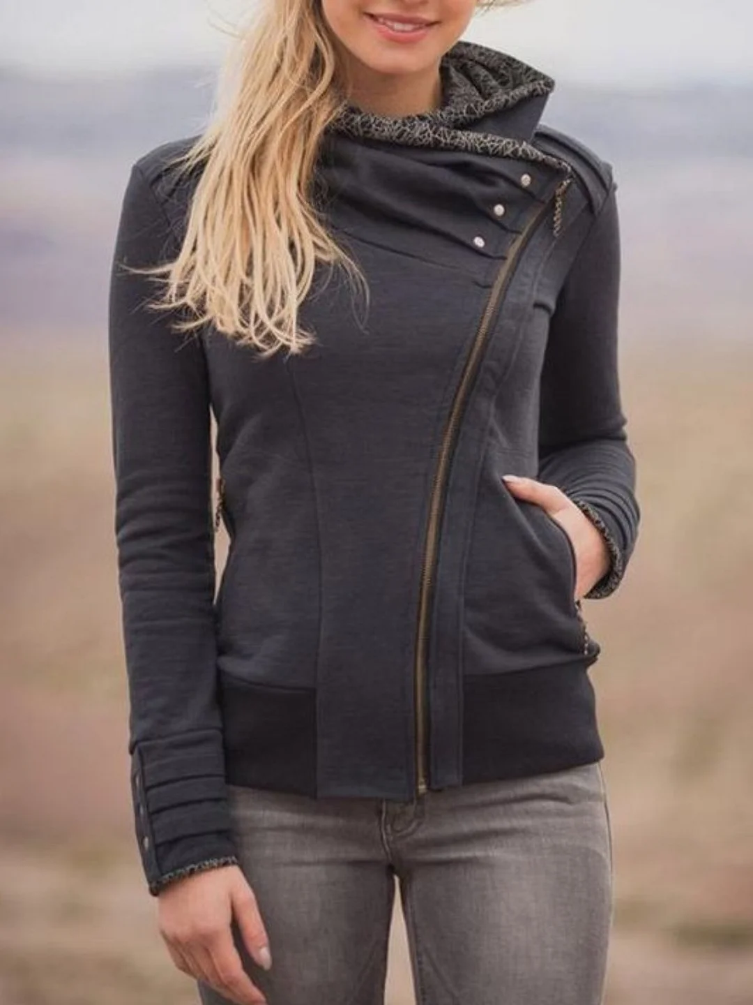 Long Sleeve Cotton Zipper Hoodie Tunic Sweatshirt