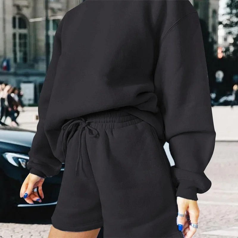 Muyogrt Solid Women Shorts Set Loose Casual Sweatshirt Fleece Pullover And Drawstring Shorts Suit Two Pieces Set Thick Tracksuit
