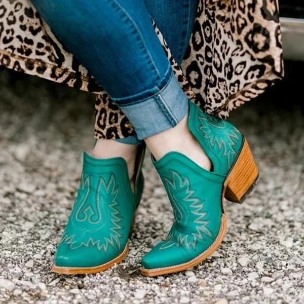 Women Boots Western Chelsea Boots Embroidery Point Toe Print Female Ankle Boots Retro Fashion Females Booties Outdoor Feetwear