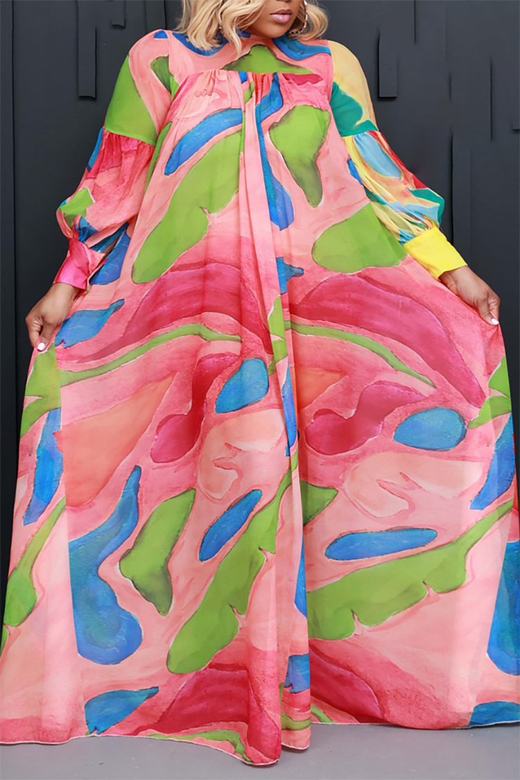 Plus Size Pink Daily Floral Print Long Sleeve Boho Maxi Dresses