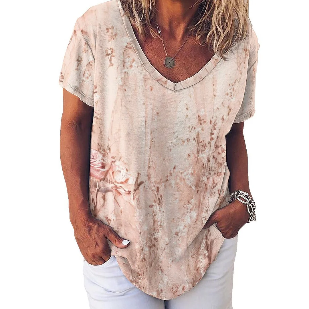 V-neck Short Sleeve Casual T-shirt for  Women Printed with Pattern Floral, Glitter, Pink