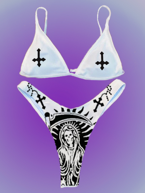 Goth Cross Death String Top High Cut Bottom Bikini Sets