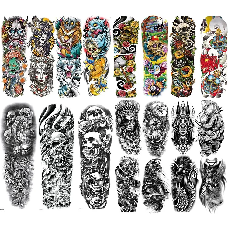 19 Sheets Skull Monster Full Arm & Half Arm Temporary Tattoo Combo
