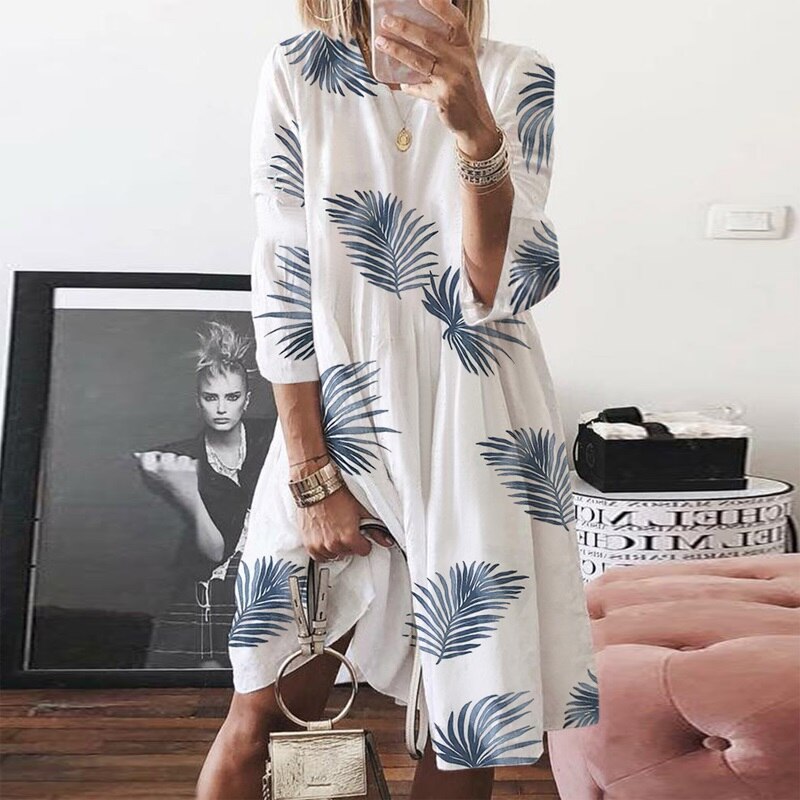 Women Autumn buttertly leaf Print long sleeves Dresses Elegant casual O Neck Knee-length Dress Summer loose Dresses 5XL