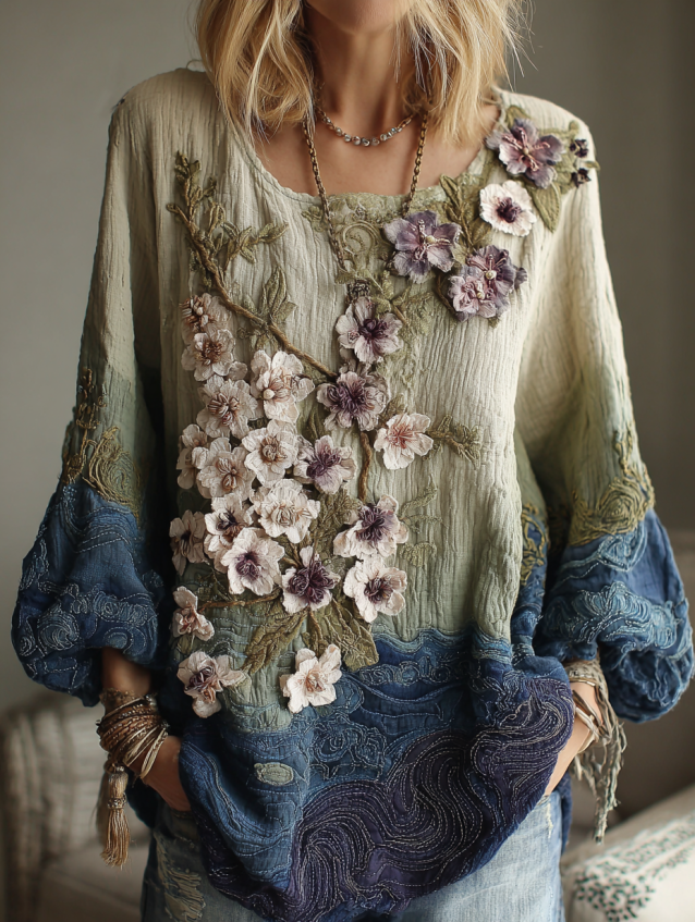 Classy Gradient Japanese Sakura Cherry Blossoms And Sea Wave Embroidered Pattern Linen Long Sleeve Shirt