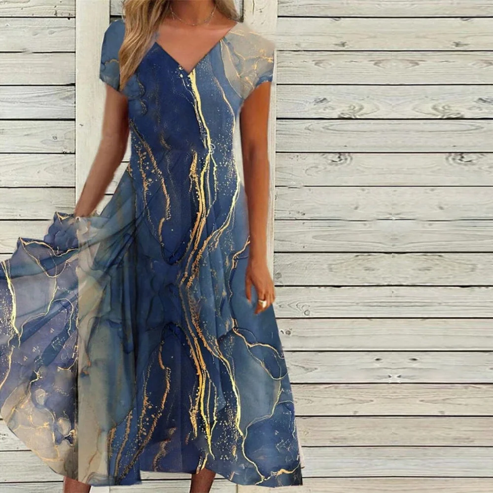 Golden Blue Ocean Wave Marble Print Midi Dress