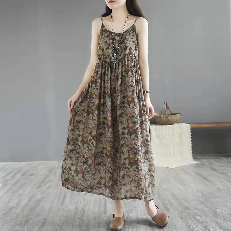Brownm Brownm New Color In The Long Sling Skirt Dress Temperament Flowing Thin Literary Long Dress Beach Dress