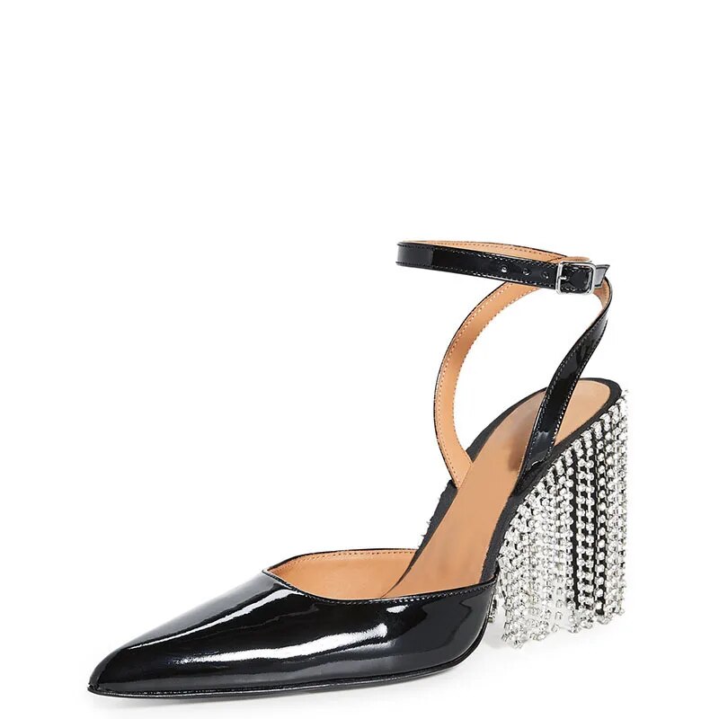 TAAFO Black Crystal Fringe High Heels Pointed Toe Women's Pumps Buckle Strap Ladies Party Shoes 