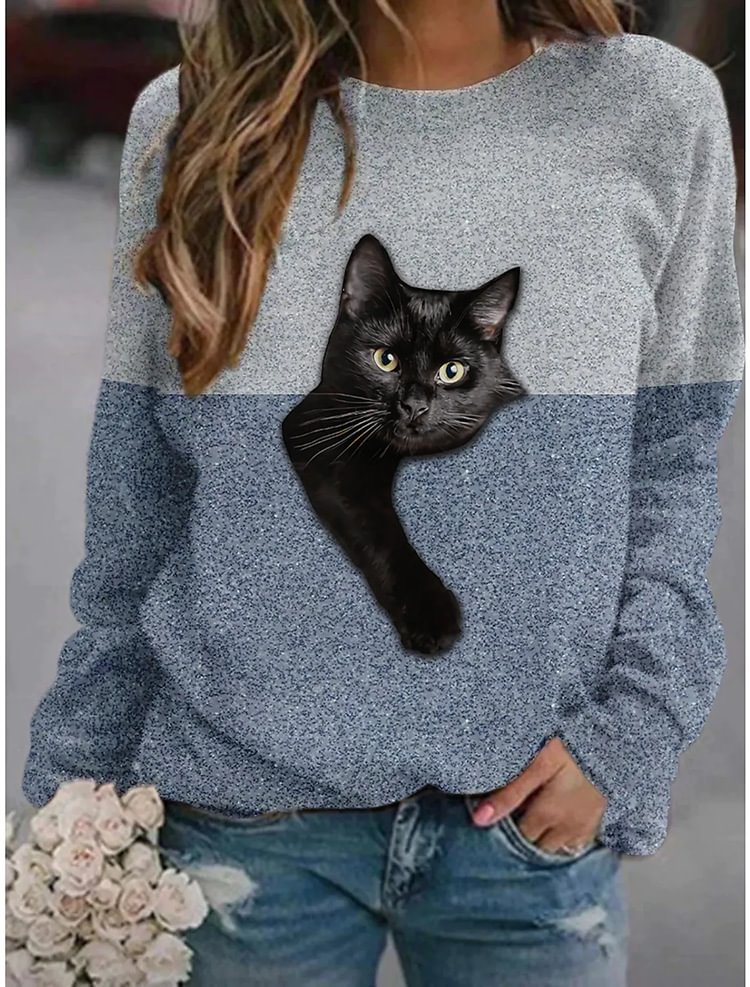 Cat Crew Neck Raglan Sleeve Casual Sweatshirt