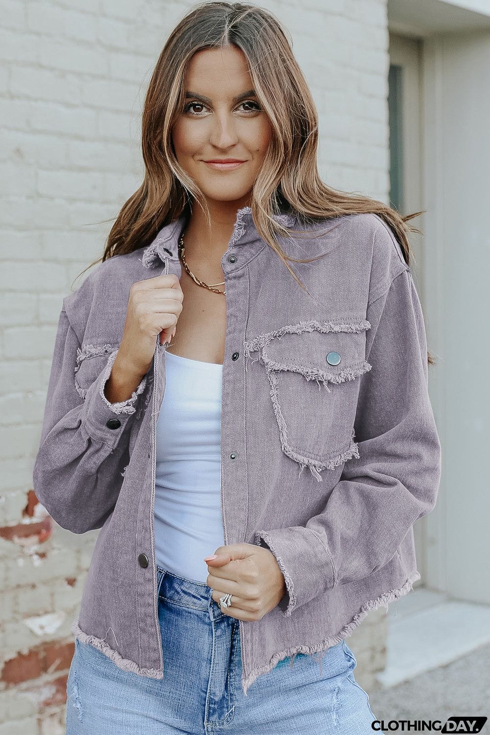 Distressed Flap Pockets Frayed Hemline Denim Jacket