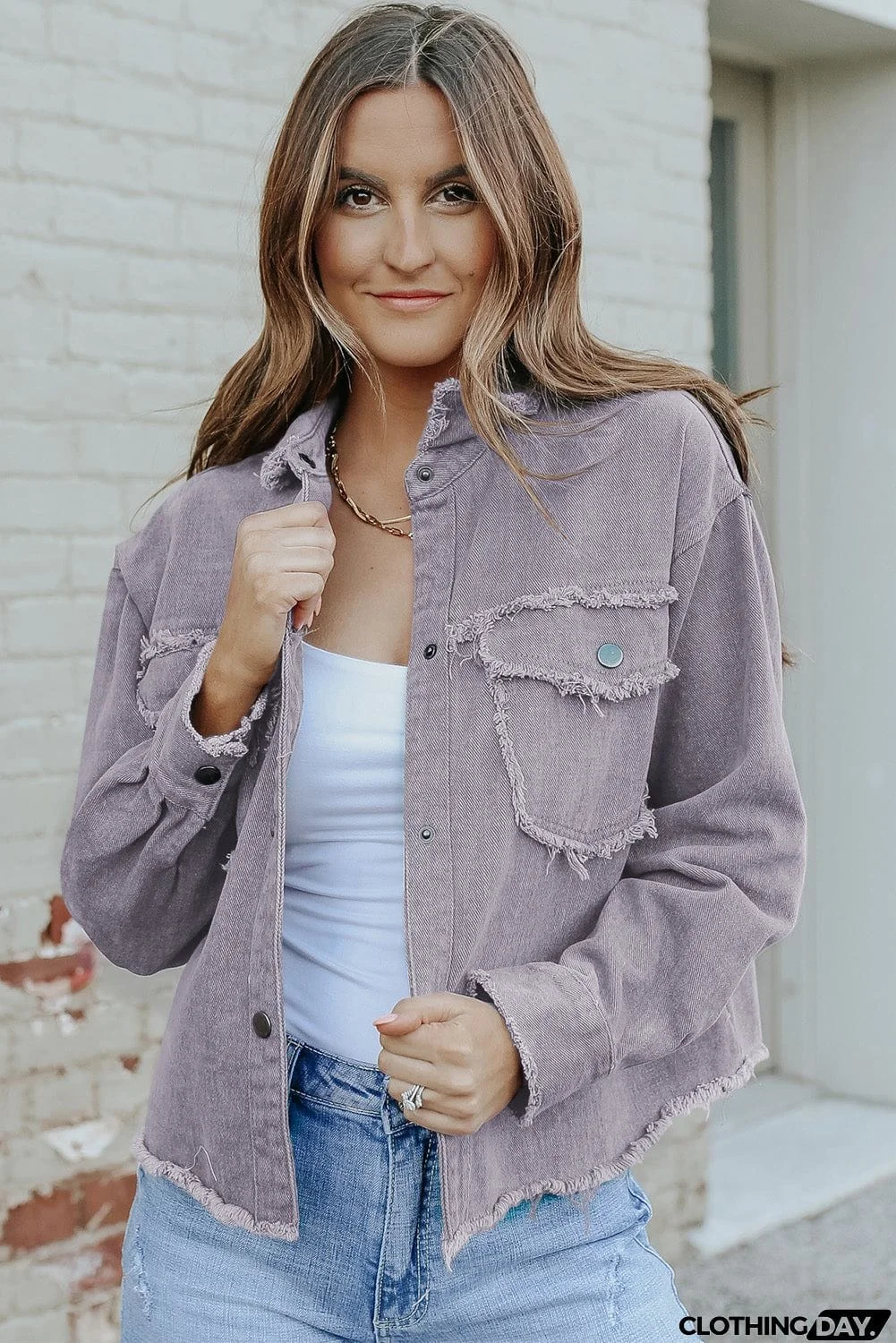 Distressed Flap Pockets Frayed Hemline Denim Jacket