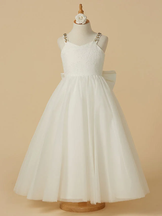 Hellodresses A-Line Sleeveless Straps Ankle Length Flower Girl Dress Lace Tulle  With Bow Beading