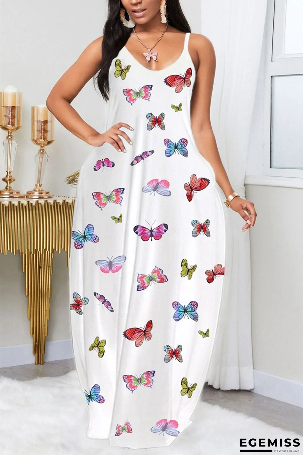 White Fashion Sexy adult Ma'am Spaghetti Strap Sleeveless Slip A-Line Floor-Length Print Animal Dresses | EGEMISS