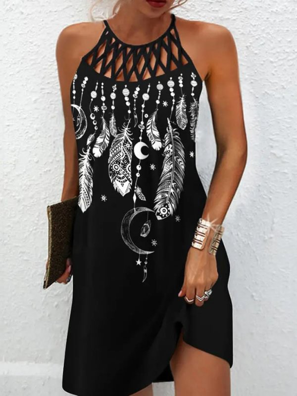 Feather Moon Print Hollow Out Casual Dress