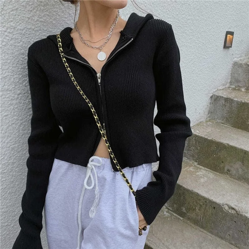 Deeptown Knitted Sweater Women Vintage Zip Up Cropped Cardigan Long Sleeve Jumpers Streetwear Korean Fall Fashion Casual
