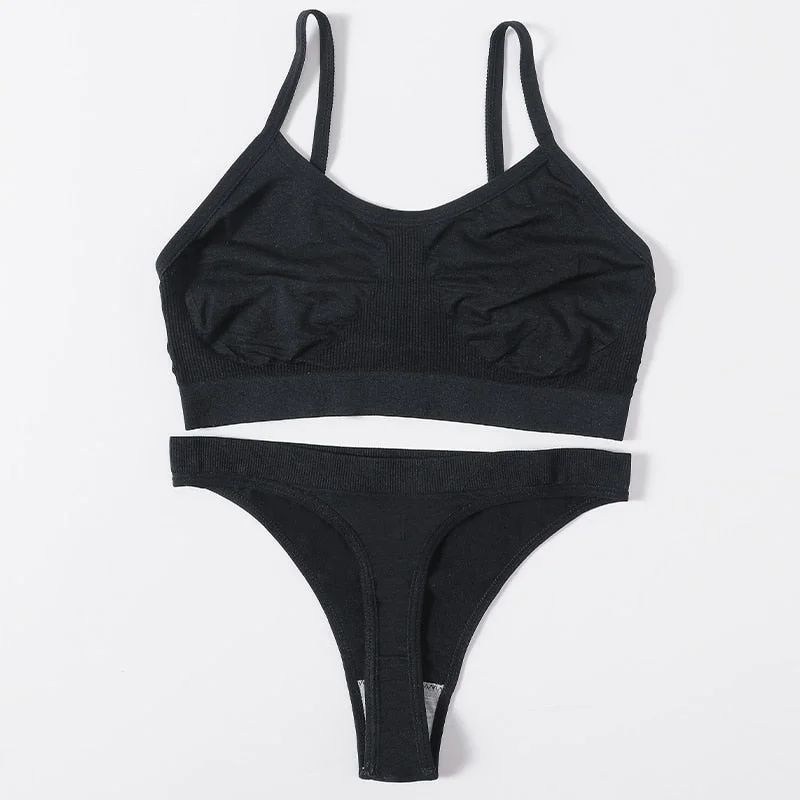 Women Seamless Bra Set Female Underwear Set Low Waist Thong Panties Comfort Bra Bralette Sexy Lingerie Brassiere Ribbed Top Suit