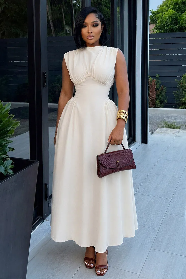 cinch waist maxi dress Opal 8 / Natural White 55 ( varies by size ) Stretch Round Neck Sleeveless Cinch Waist