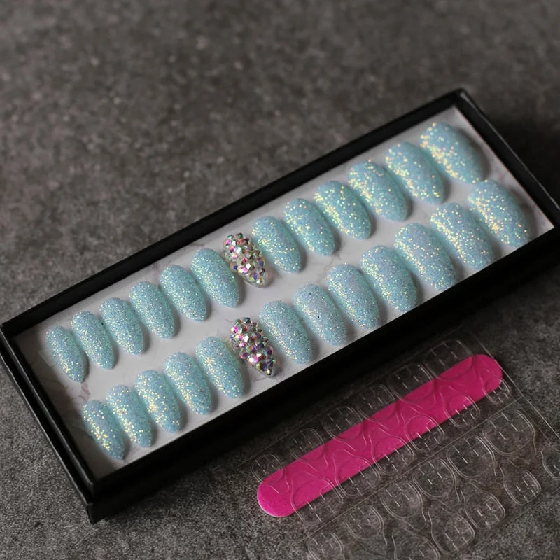 Art design Glitter powder fake nails red pink 26pcs Stiletto Full crystal diamond false nails wedding nails-Nail Inspo