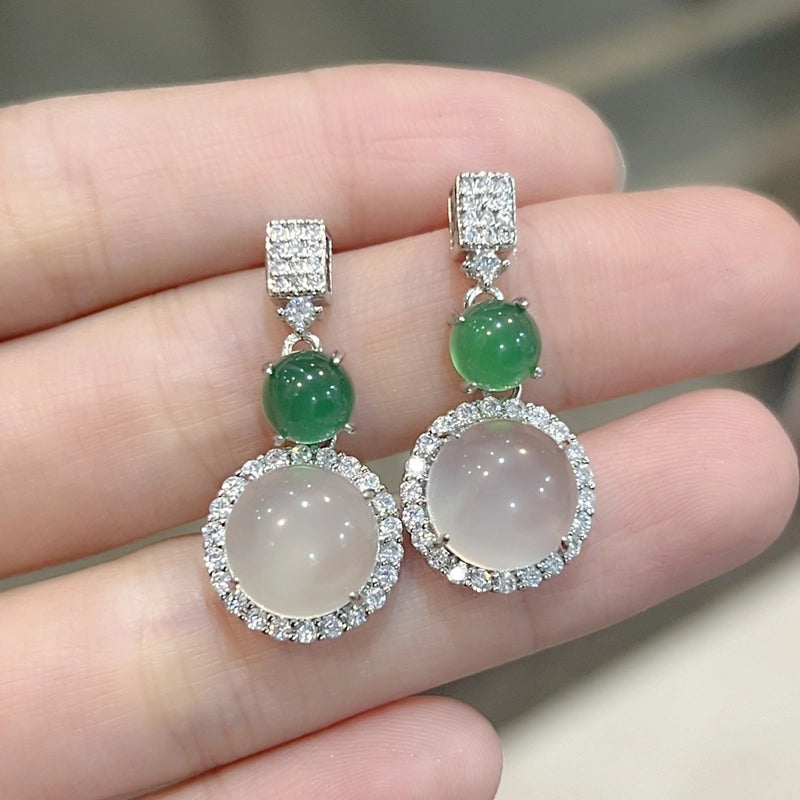 Temperament Fashion Natural Chalcedony Earring Ring Pendant Necklace Jewelry Set High Ice Complete Jade Three-piece Set
