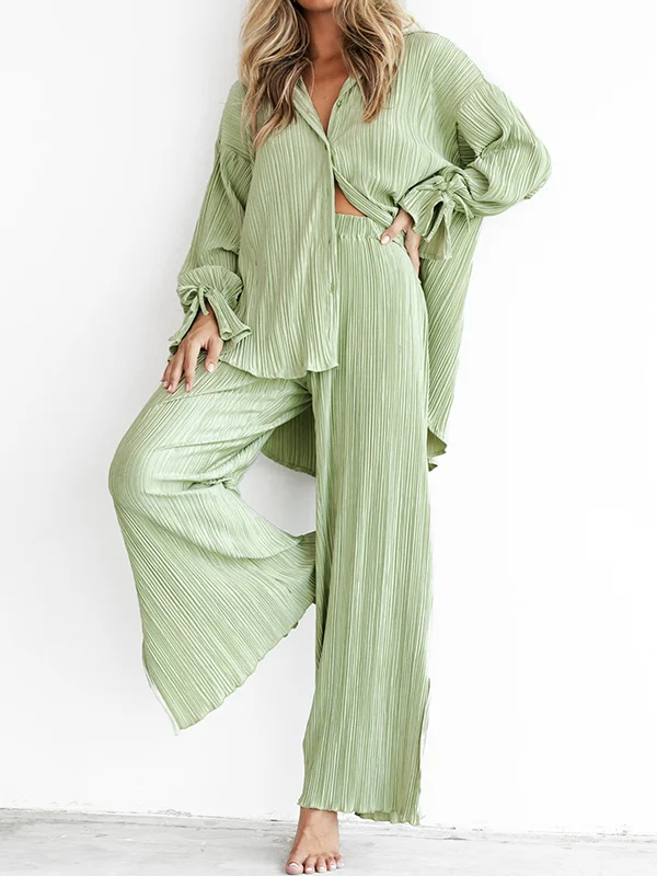 Solid Color Flared Sleeves Long Sleeves Buttoned Drawstring Pleated Split-Side Lapel Shirts Top + Pants Bottom Pajama Sets