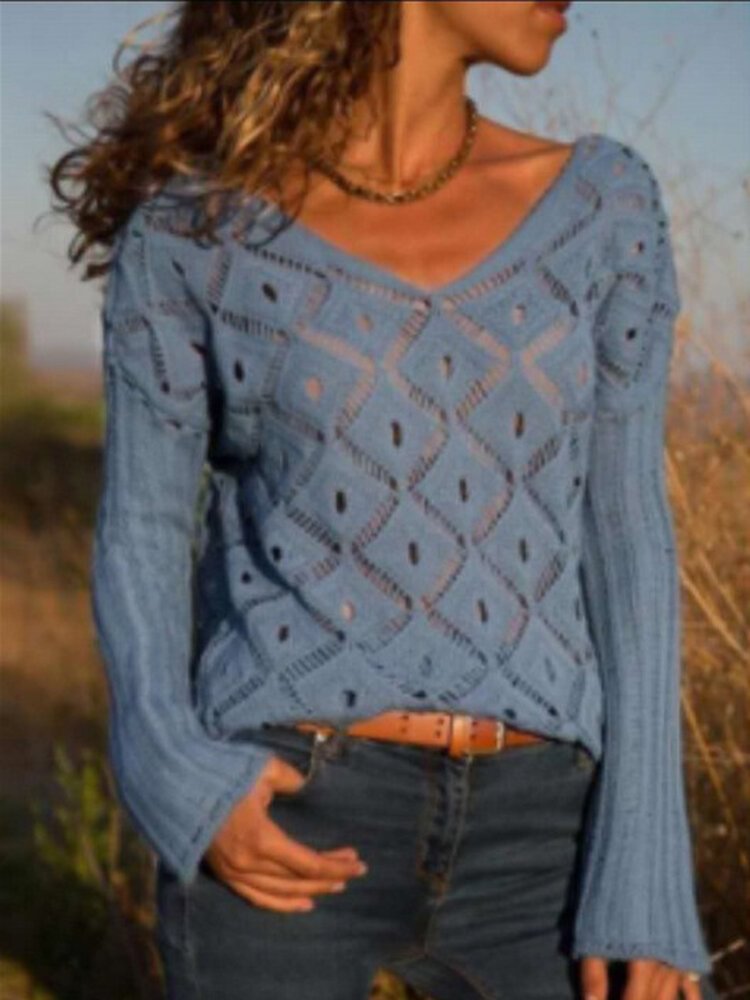 Geometric Knitting V-neck Long Sleeve Sweater - Shop Trendy Women's Fashion | TeeYours